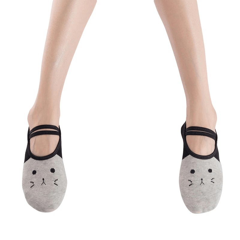 Cartoon cat print yoga socks for women offering anti-slip grip and comfort; perfect for Pilates and yoga practice. Style SF0326.